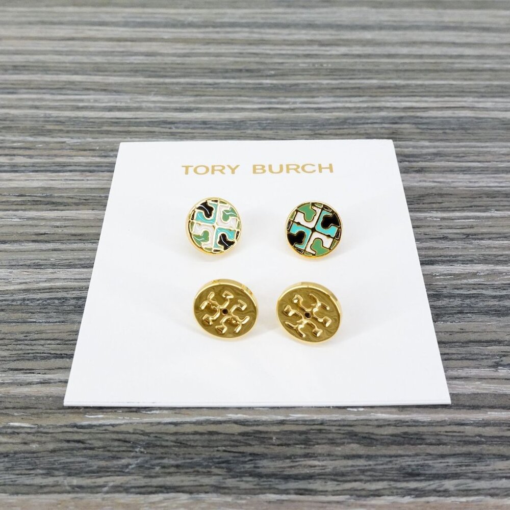 Tory Burch Kira Enamel Circle Stud Earrings Tory Navy/Agave/Multi OS - Picture 7 of 7
